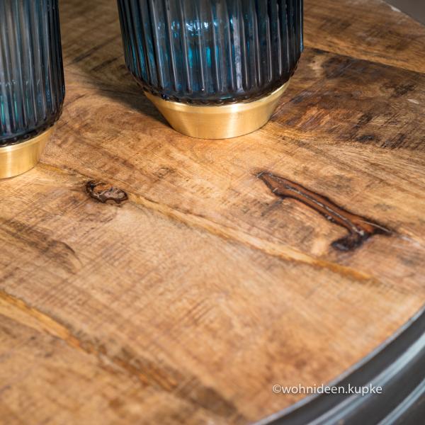 Runder zwei Etagen Blechfass- / Stubentisch mit Holzböden